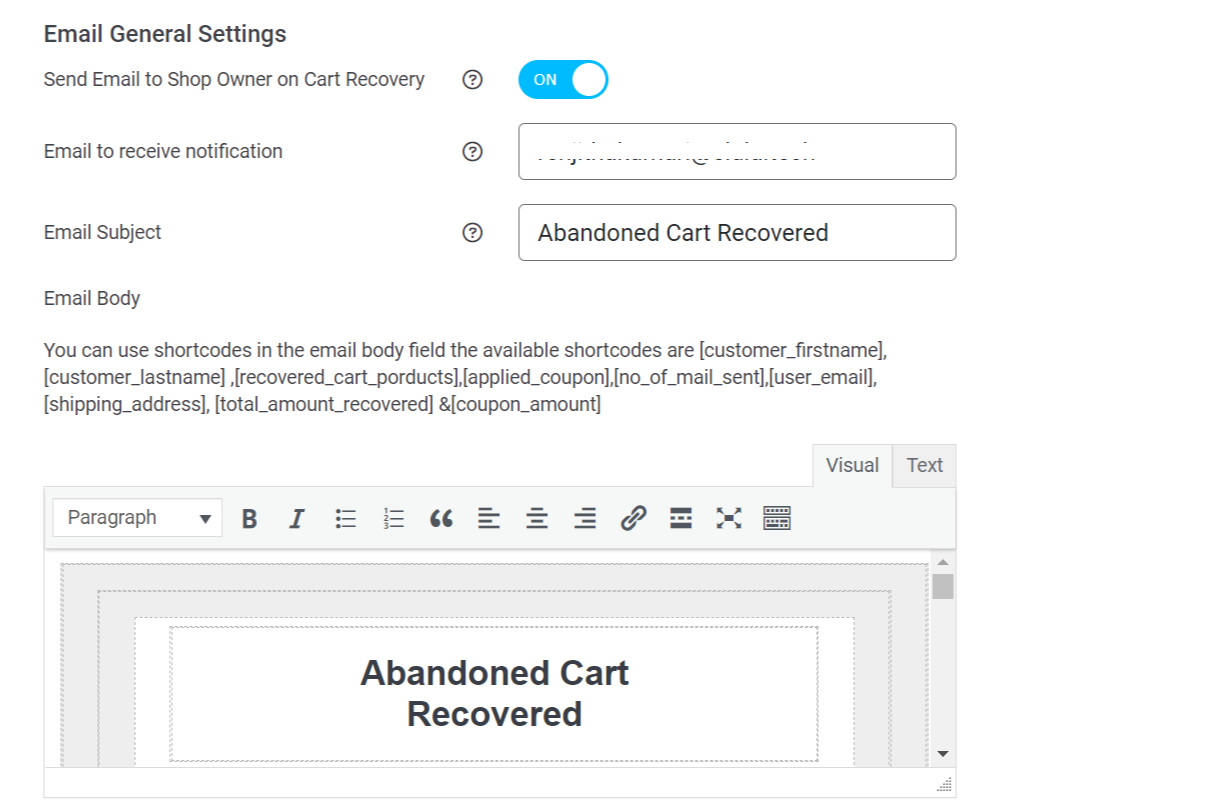 Receive email notification upon recovery | ELEX WooCommerce Abandoned Cart