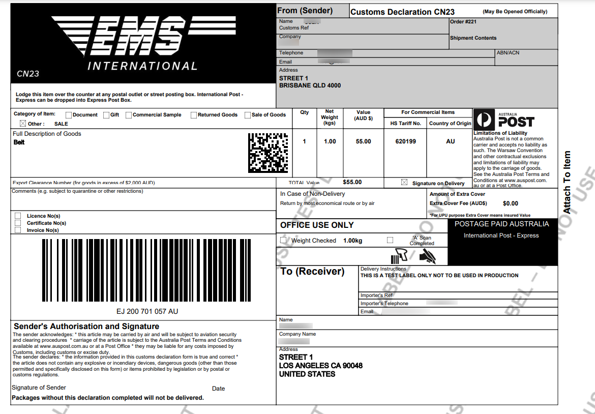 sample international MyPost shipment label